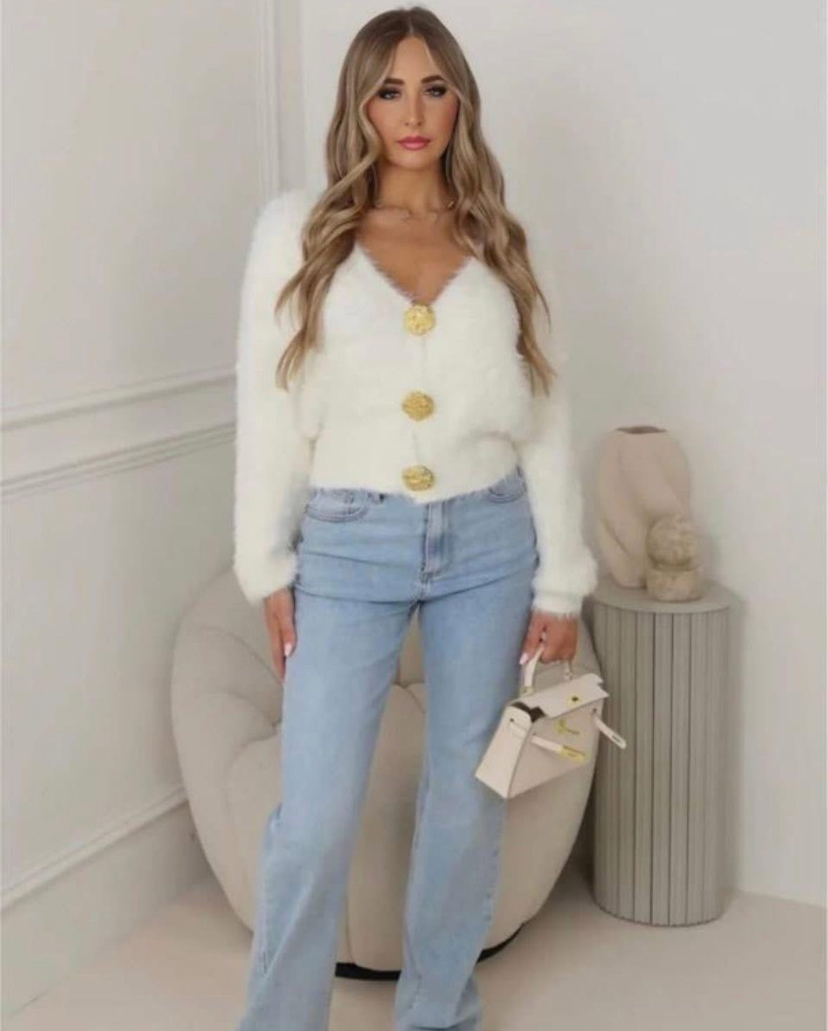 Fluffy Gold Button Cardigan