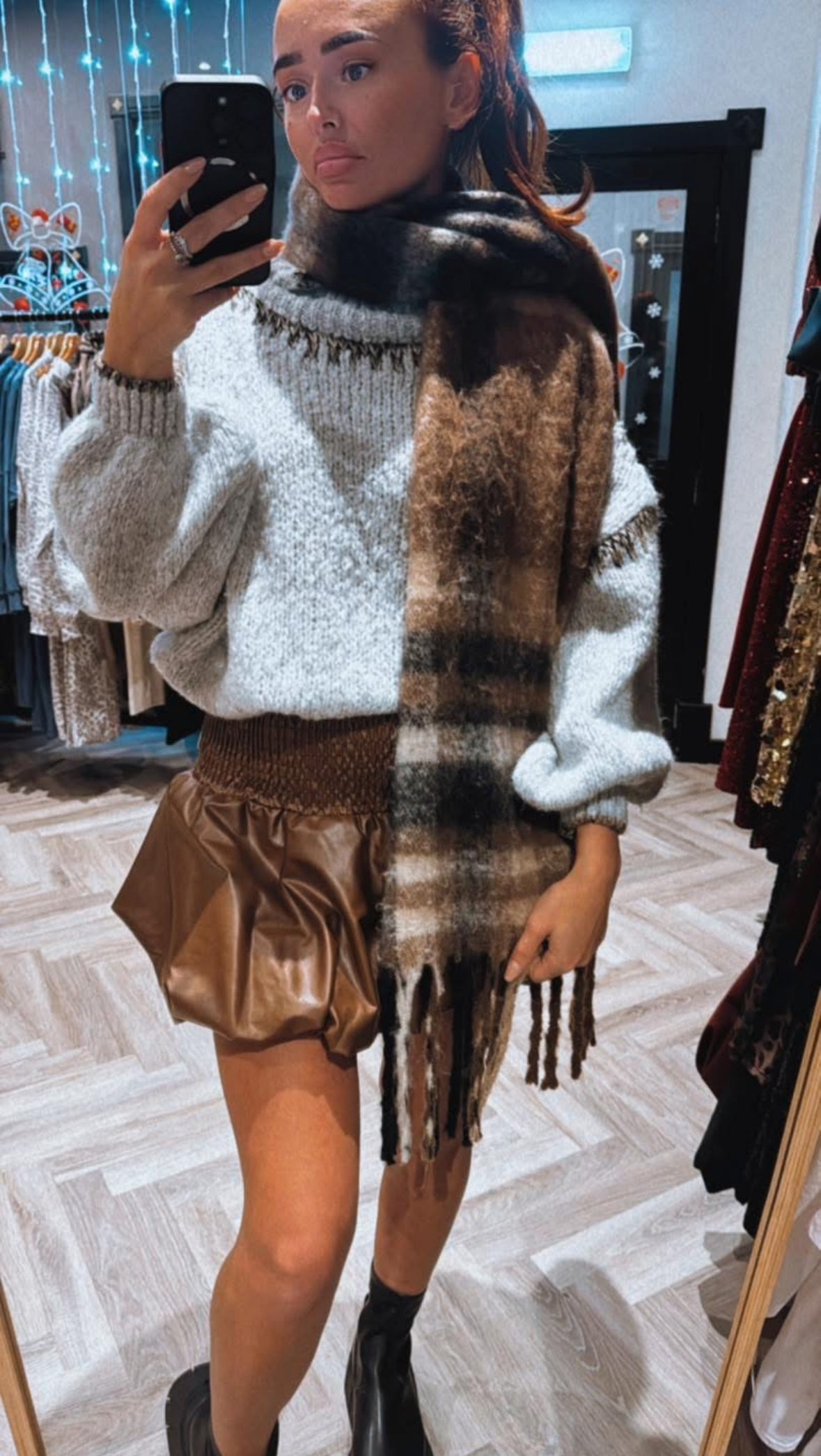 Brown Leather Puffball Skirt