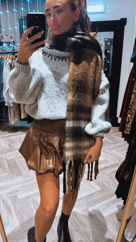 Brown Leather Puffball Skirt